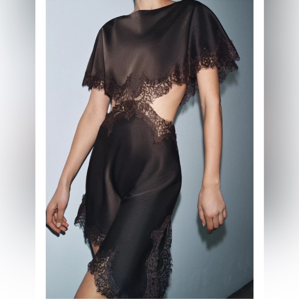 Zara Satin Lace Trimmed  Cutout Slip Dress w Asymmetric hem.
